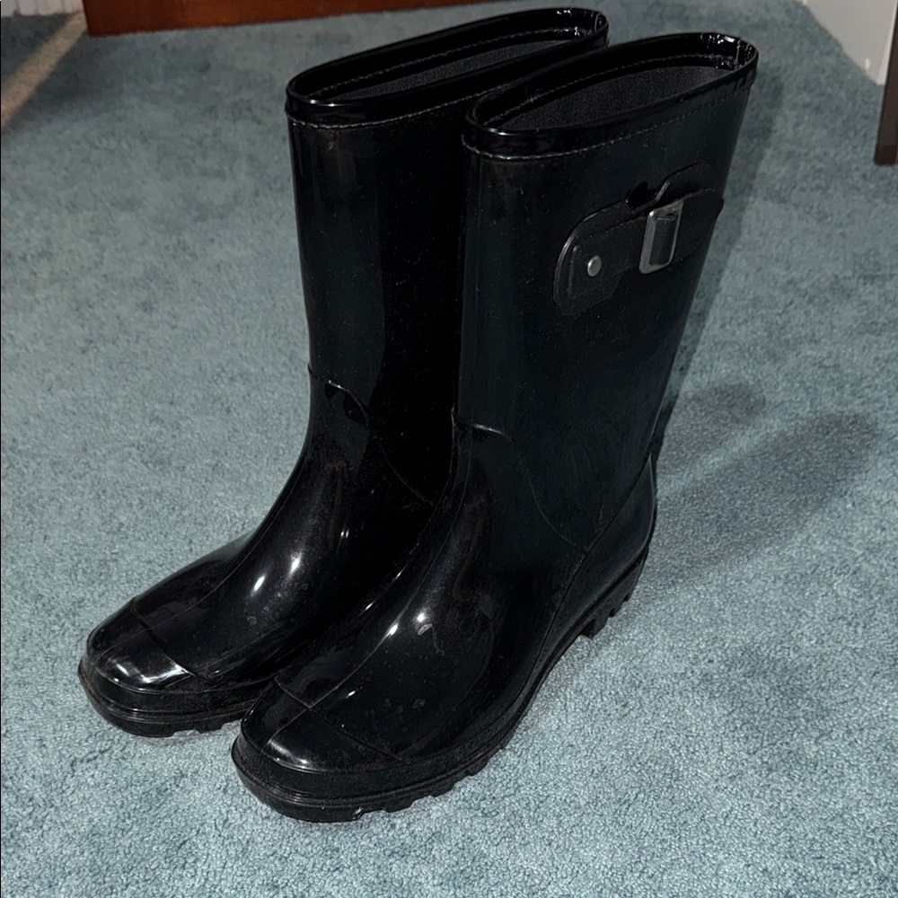 Glossy Black Winter Rain Boots with Buckle Detail